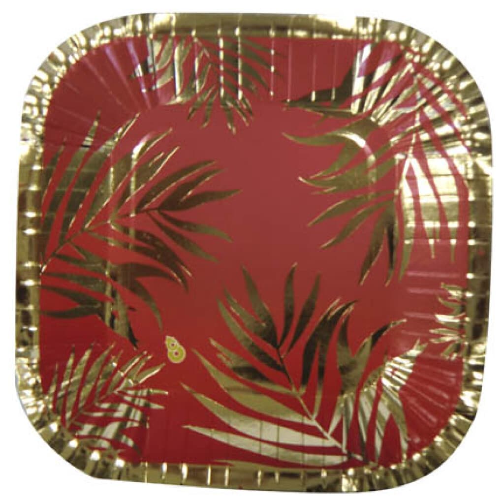 Cotillón Platos Descartables x8 - Hoja Dorada/Fondo Rojo - 1