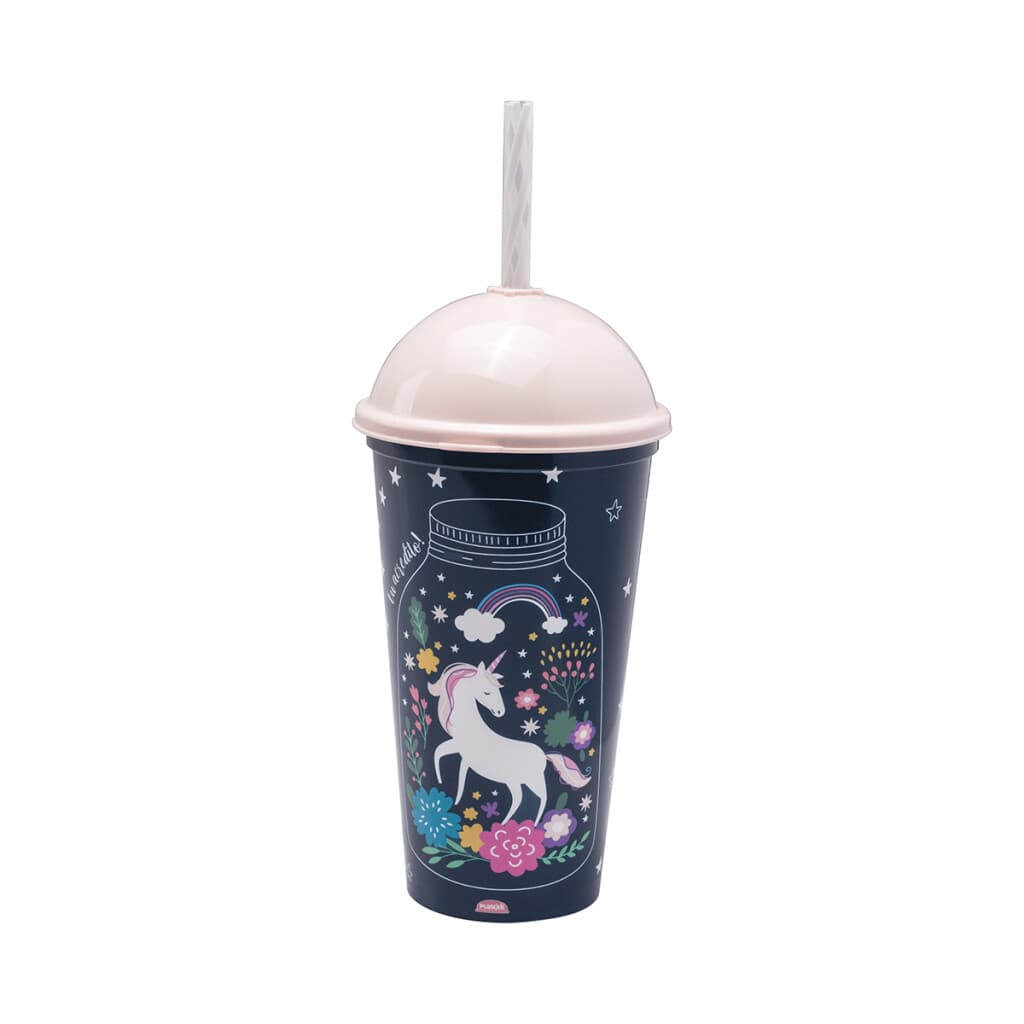 Vaso Plástico Milkshake con Pajita 500 ml Varios Diseños - Unicornio - 1