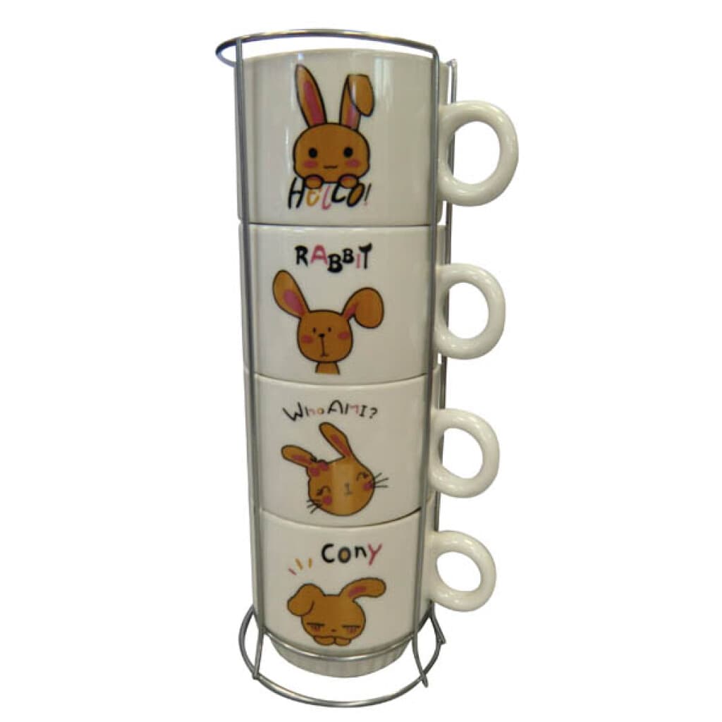 Set X4 Tazas Cerámica con Soporte - Varios Diseños - 32 CONEJOS - 1