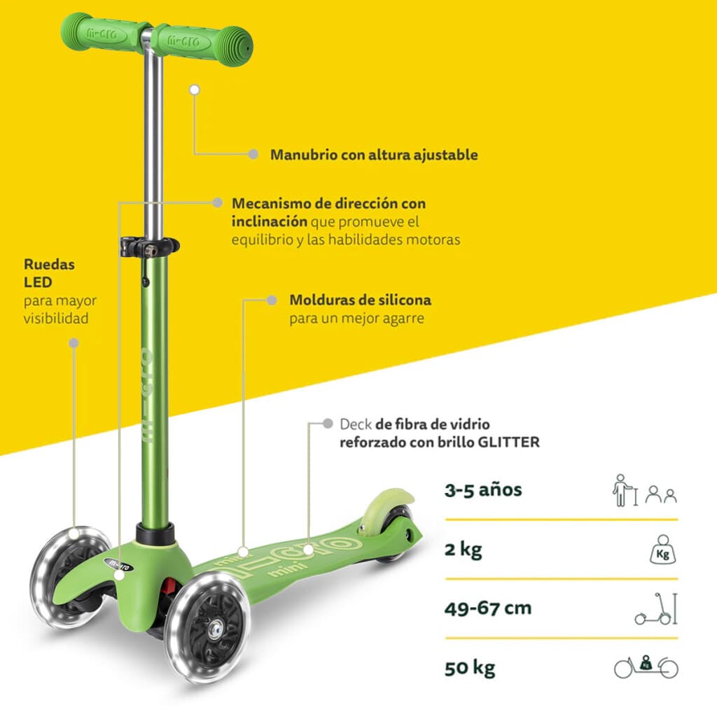 Monopatín Micro Mini Deluxe LED Ajustable con 3 Ruedas - VERDE - 5