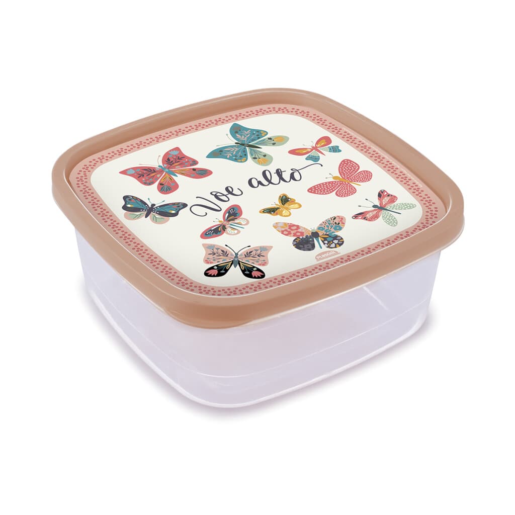 Recipiente Cuadrado 1,6L con Varios Diseños - MARIPOSA ROSA - 1